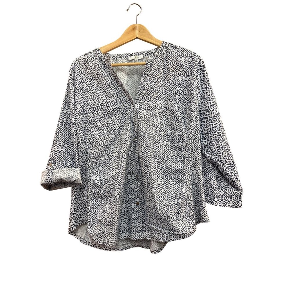 Nico Womens Button-Up Blouse L White & Navy Geometric Print 3/4 Sleeve